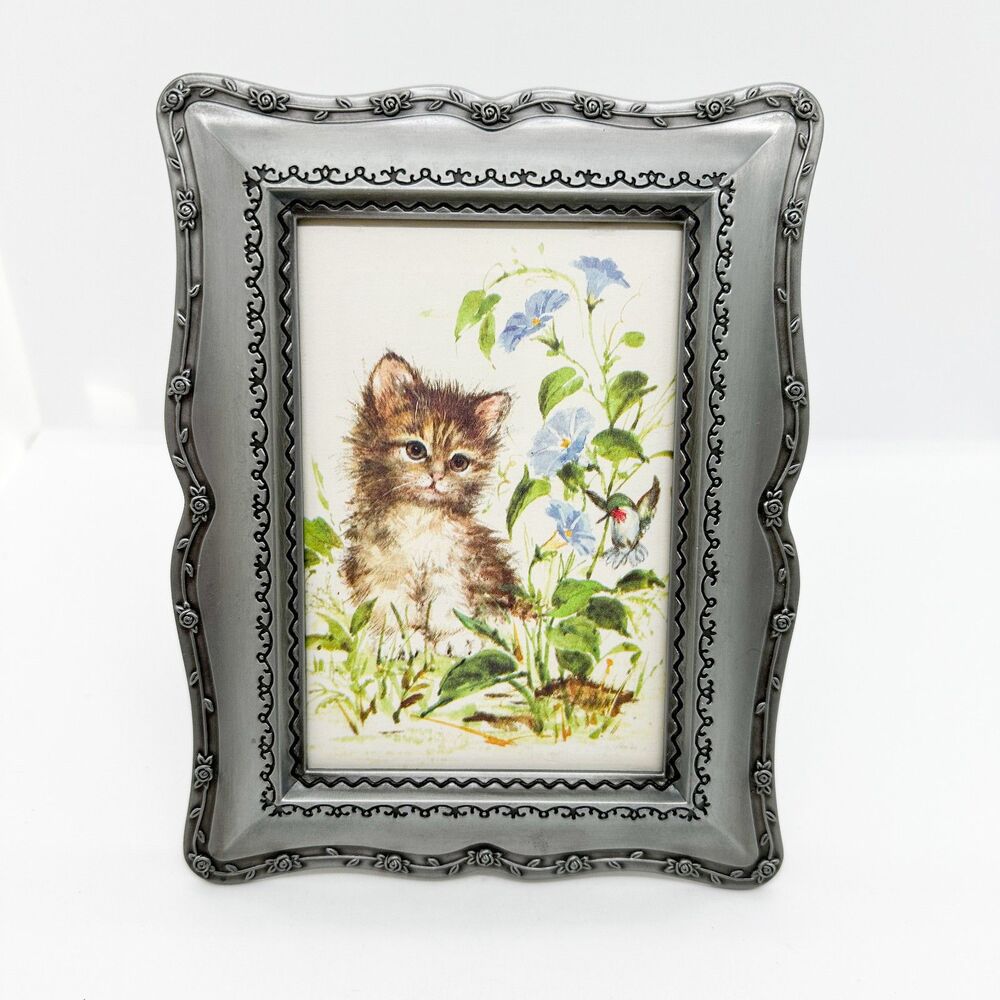 Vintage Pewter Framed Card Cat Kitten Floral Cottagecore